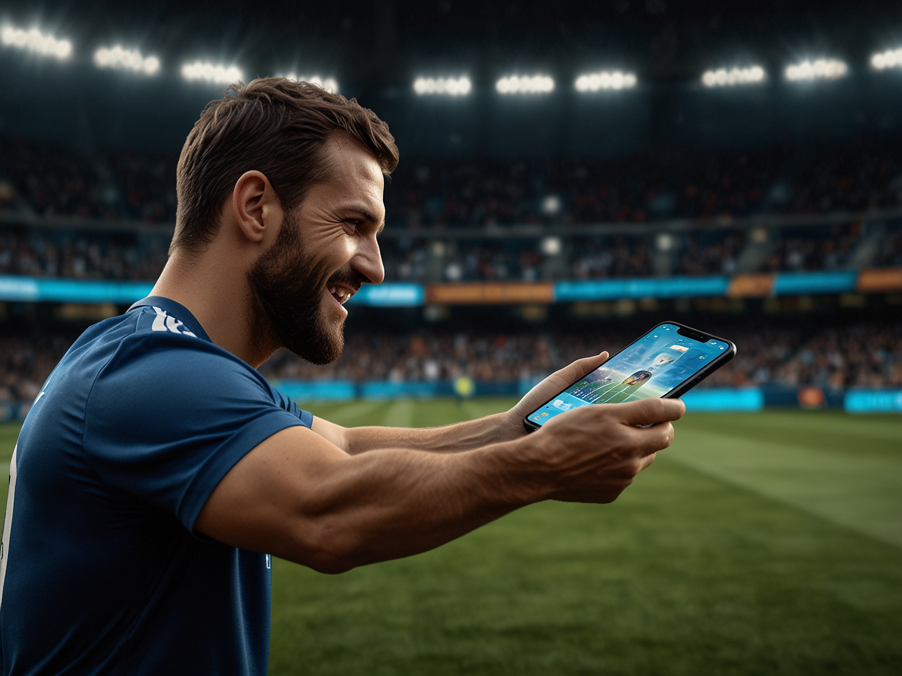Jugador celebrando y usando app de apuestas en el estadio
